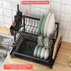 Escorredor de Louça Inox com Porta Pratos Talheres Copos Modular Master (Preto)