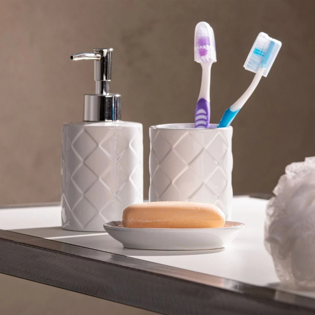 Jogo para Banheiro Acessórios Cerâmica Toulon Branco 3 Peças