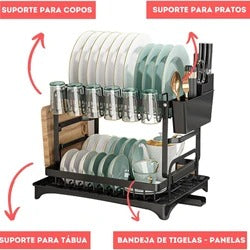 Escorredor de Louça Inox com Porta Pratos Talheres Copos Modular Master (Preto)